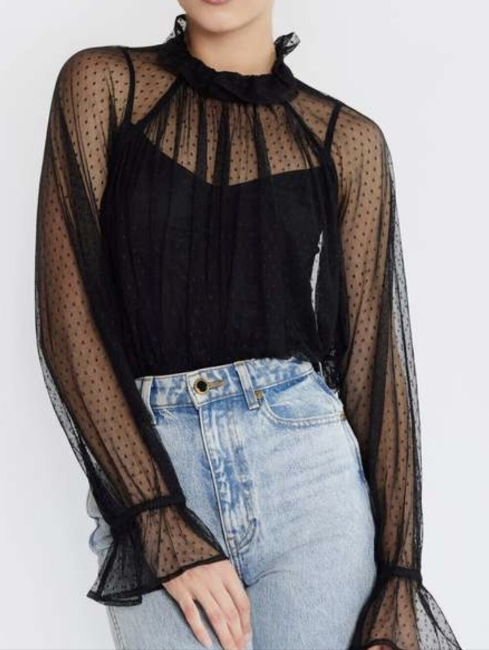 MILLE Sheer Swiss Dot High-Neck Blouse - Black-GORGEOUS
